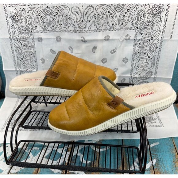 NEW Olukai Men\'s Slippers MUA ILI Slides Sandal Shoes Shearling Lined Size 42/9 main image 7